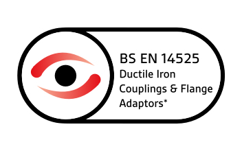 BSI Kitemark logo certifying compliance with BS EN 14525 for wide tolerance ductile iron couplings and flange adaptors for use with pipes of different materials.
