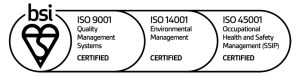 BSI Kitemark logo certifying integrated management systems for ISO 9001 Quality Management, ISO 14001 Environmental Management, and ISO 45001 Occupational Health and Safety Management.
