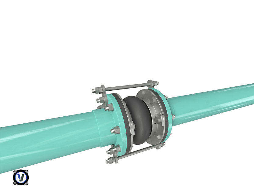 Flexible rubber expansion joint with control rods installed between two turquoise flanged pipes