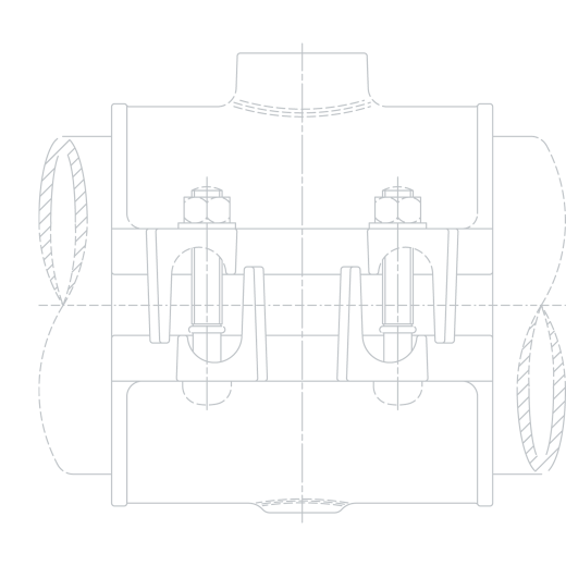 Technical line drawing of a bolted pipe clamp assembly