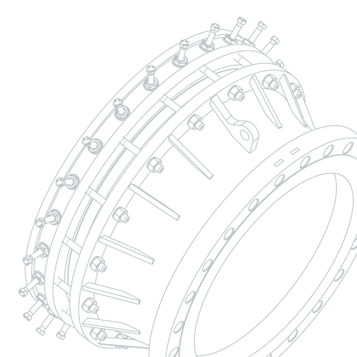 Technical line drawing of a cylindrical mechanical flange assembly with bolts and mounting holes