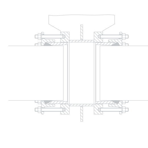 Cross section of a bolted mechanical pipe coupling assembly showing seals, flanges, and pipe ends