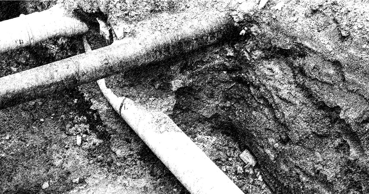 Exposed utility pipes running through an excavated trench