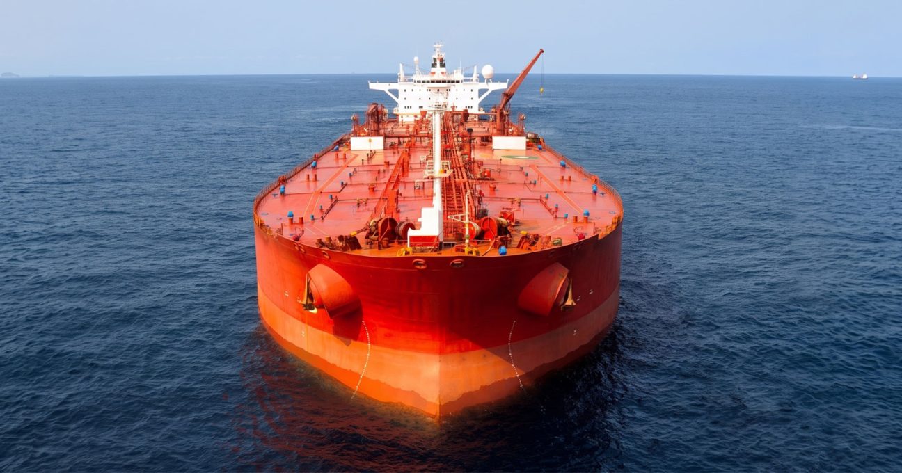 Aerial front-on view of a large red oil tanker travelling across calm blue ocean waters
