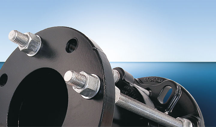 Black metal pipe flange adaptor with threaded bolts and nuts