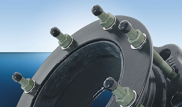 Black flexible pipe coupling flange with threaded studs, hex nuts, and protective bolt caps
