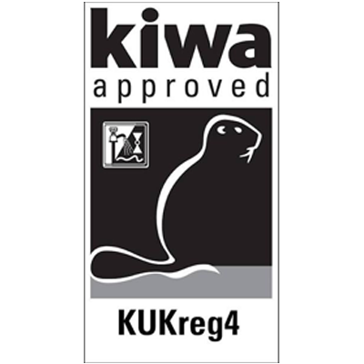 Kiwa accreditation logo, certifying that the product complies with international standards for water safety, quality, and technical performance.