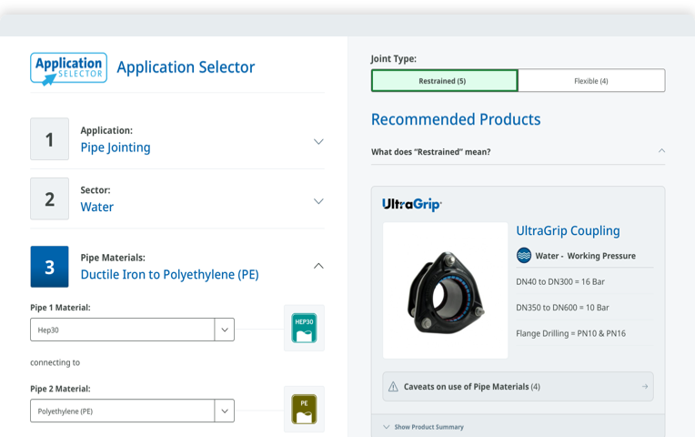 Screenshot of an Application Selector interface displaying pipe material options and recommended UltraGrip products
