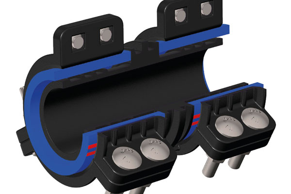 Cutaway view of a black pipe repair clamp featuring a blue inner seal and metal securing bolts