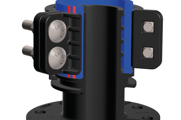 Cutaway cross-section of a black pipe coupling with a blue inner sleeve, metal bolts, and a flanged base