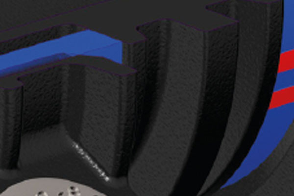 Cutaway view showing an internal blue fluid channel within a black textured component