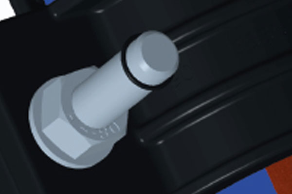Silver metal pin with a black O-ring seal fitted near the tip, mounted on a hexagonal base