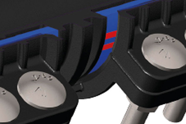 Cross-section view of a flexible rubber conveyor belt splice secured with metal bolts
