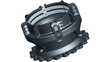 Dark grey mechanical pipe coupling adapter with a bolted clamping ring and flanged base