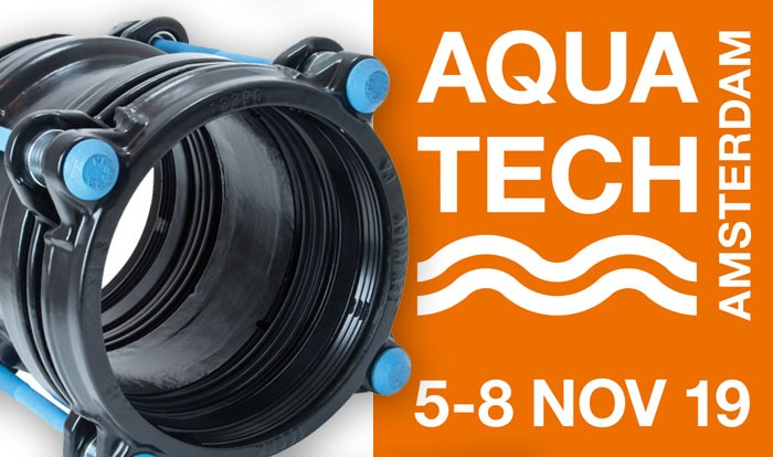 Pipe coupling next to banner text reading Aquatech Amsterdam, 5-8 Nov 19