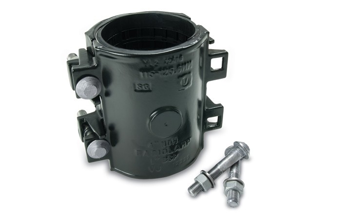 Black metal pipe repair clamp with rubber lining and two steel bolts