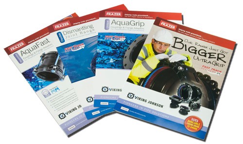 A selection of Frazer and Viking Johnson product brochures for AquaFast, AquaGrip, UltraGrip, and dismantling joints
