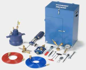Hydrant Wizard tool kit featuring a blue case, coiled red and blue hoses, pressure gauge, and specialized tools