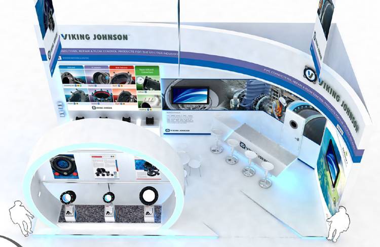 3D rendering of a Viking Johnson exhibition stand with product displays, display panels, and a counter with stools