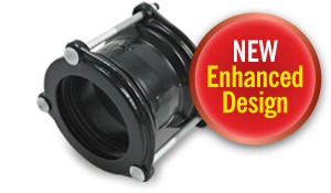 Black pipe coupling with a red badge reading NEW Enhanced Design