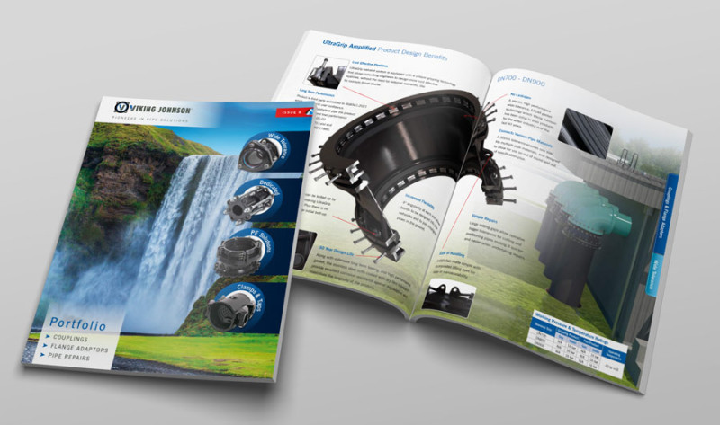 Viking Johnson product portfolio brochure featuring the front cover and open pages on UltraGrip pipe coupling solutions