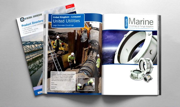 Open Viking Johnson product brochure and directory featuring large diameter couplings and marine couplings