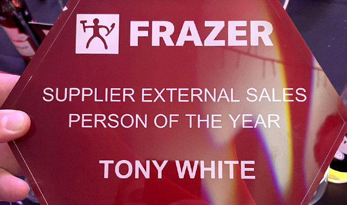 Frazer award plaque presented to Tony White for Supplier External Sales Person of the Year