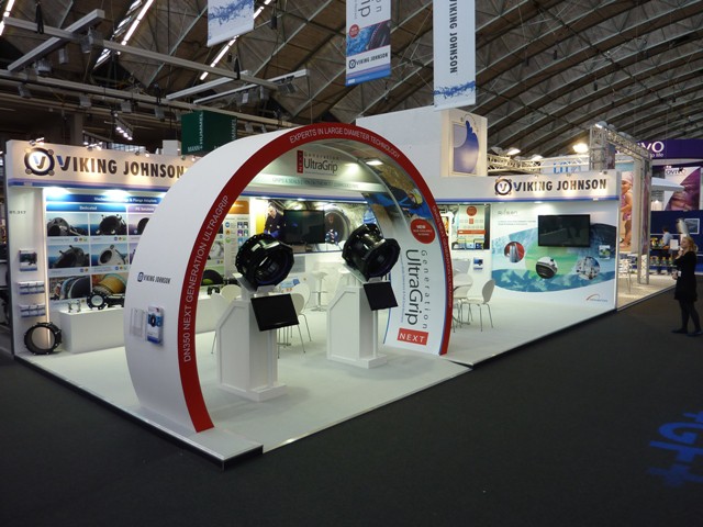 Viking Johnson trade show exhibition stand featuring a large UltraGrip archway and pipe coupling displays