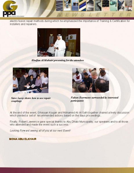 Gulf Plastics Pipe Academy newsletter page featuring event recaps and photos of presentation speakers and attendees