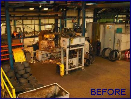Factory floor with operating machinery and stacked metal components, labelled BEFORE