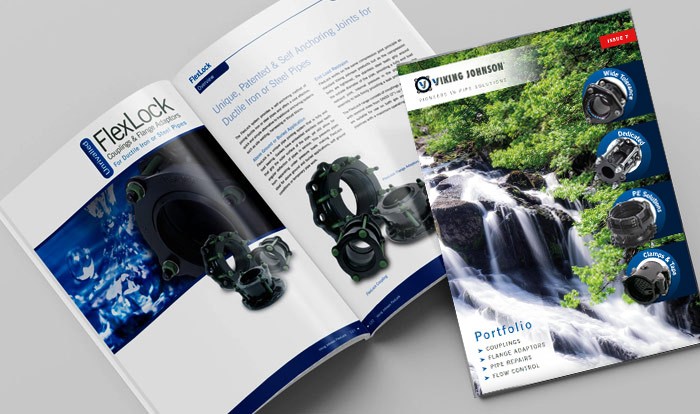 Open and closed copies of the Viking Johnson product brochure showcasing FlexLock couplings and flange adaptors