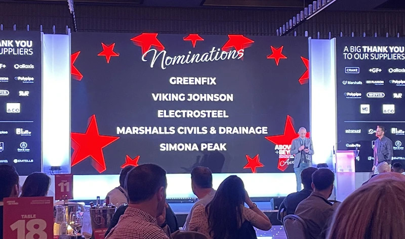 Stage screen displaying award nominations: Greenfix, Viking Johnson, Electrosteel, Marshalls Civils & Drainage, Simona Peak