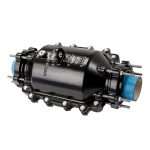Black Viking Johnson pipe repair encapsulation collar with bolted flanges on a pipe