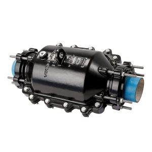 Black Viking Johnson pipe repair encapsulation collar with bolted flanges on a pipe