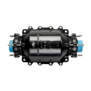 Black Viking Johnson Easifit pipe repair collar with blue pipe ends and bolted casing