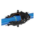 Cutaway view of a black pipe encapsulation clamp fitted over a blue pipe joint