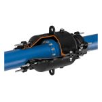 Cutaway view of a black mechanical pipe encapsulation clamp fitted over a blue pipe joint