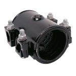 Black metal pipe tapping saddle clamp with a threaded top outlet and four corner bolts