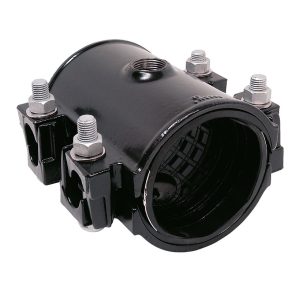Black metal pipe tapping saddle clamp with a threaded top outlet and four corner bolts