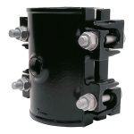 Black metal pipe repair clamp with a threaded outlet port and heavy-duty bolts
