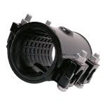 Black pipe repair clamp with textured rubber lining and four heavy-duty bolts
