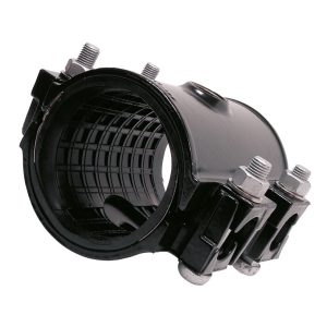 Black pipe repair clamp with textured rubber lining and four heavy-duty bolts