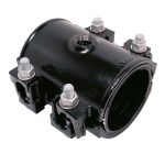 Black metal pipe saddle clamp with four bolts and a threaded top outlet