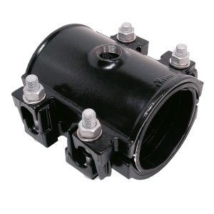 Black metal pipe saddle clamp with four bolts and a threaded top outlet