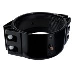 Black hinged pipe repair clamp with side tightening bolts and internal rubber sealing sleeve
