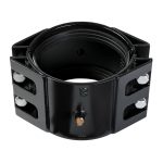 Black heavy-duty pipe coupling clamp with silver bolts, internal rubber gasket, and central brass plug