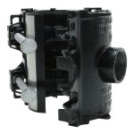 Black pipe tapping saddle clamp with a threaded branch outlet and heavy-duty tightening bolts