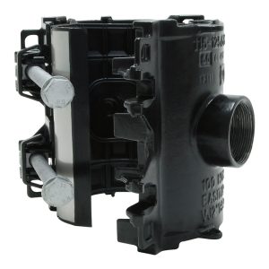 Black pipe tapping saddle clamp with a threaded branch outlet and heavy-duty tightening bolts