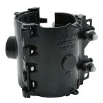 Black metal pipe repair saddle clamp with side bolts