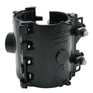 Black metal pipe repair saddle clamp with side bolts
